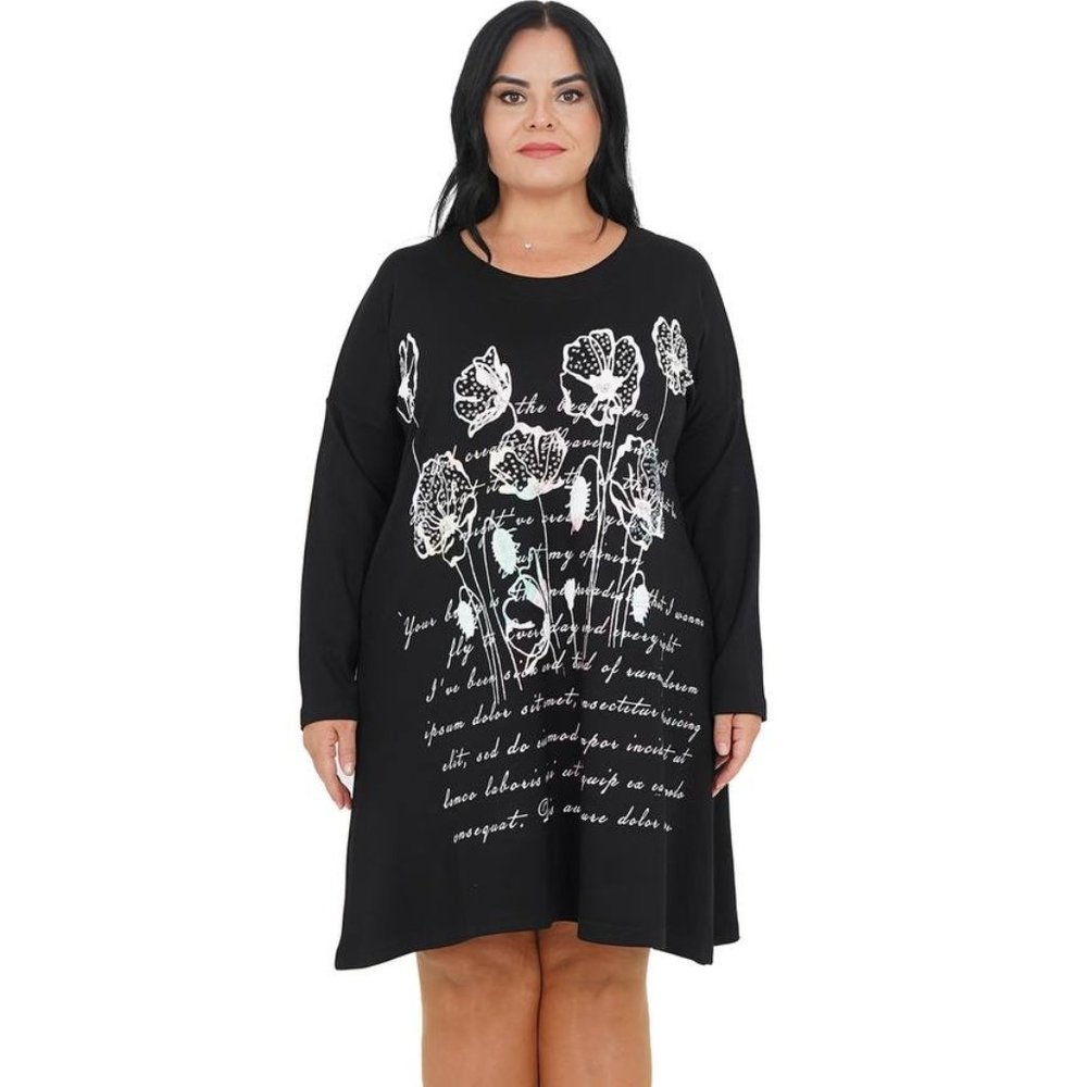 Designer Bright Black and White Rhinestone Tunic X XXL with Floral Accents